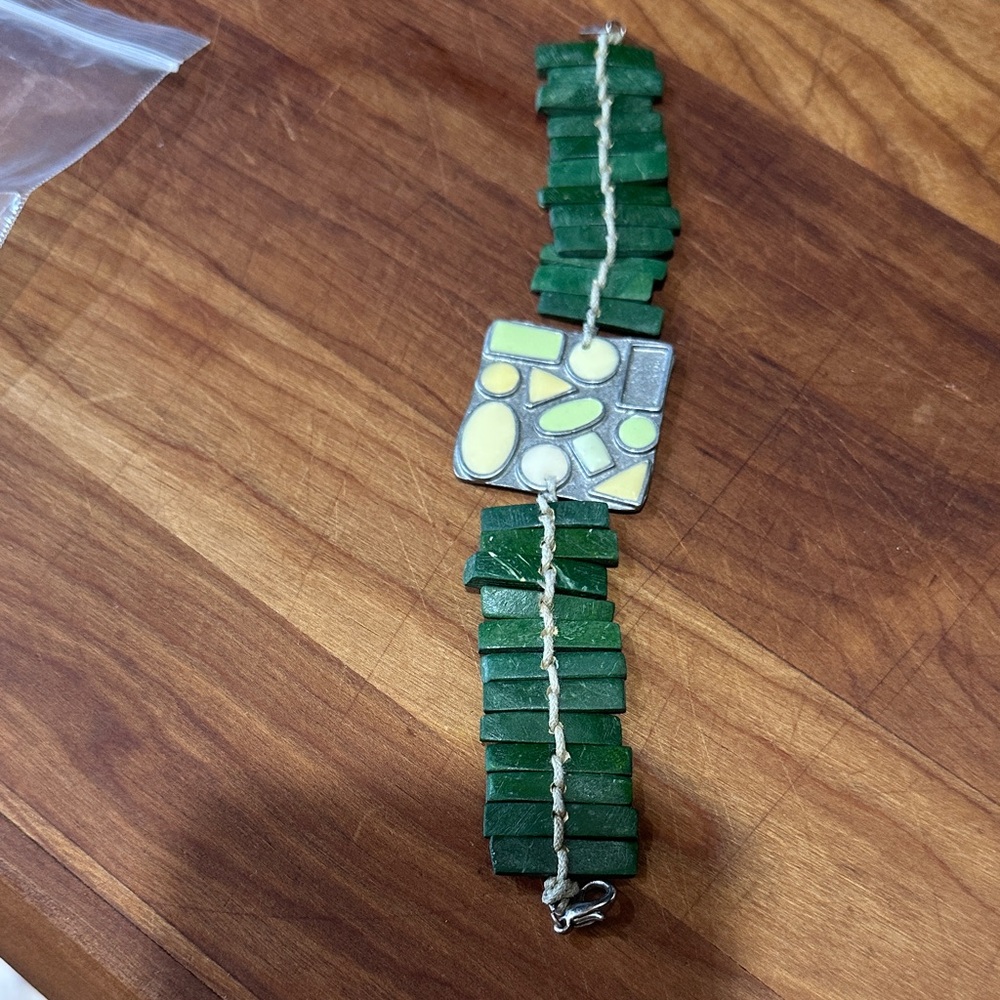 Green Stone Bracelet with Mosaic Centerpiece